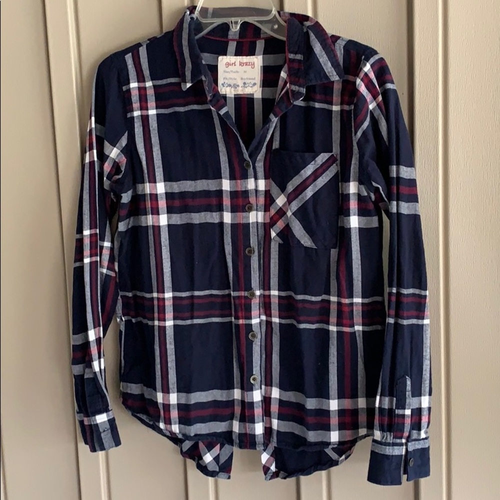 Girl Krazy Navy Plaid Button Down Shirt size Medium